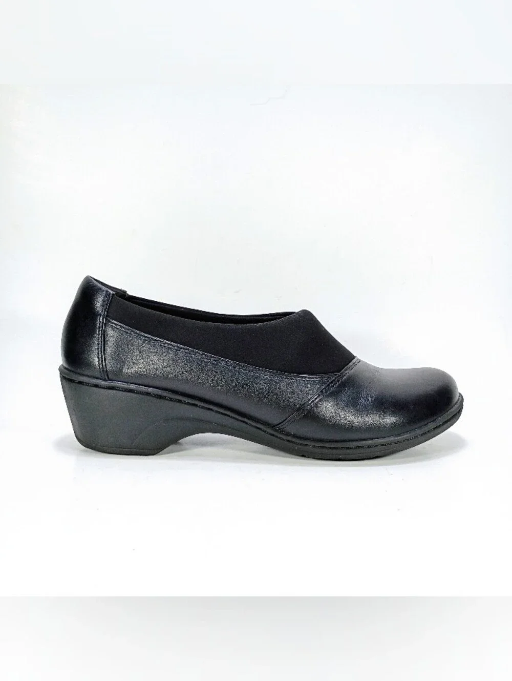Clarks Channing Enna Womens 8.5 Black Leather Slip On Wedge Shoes